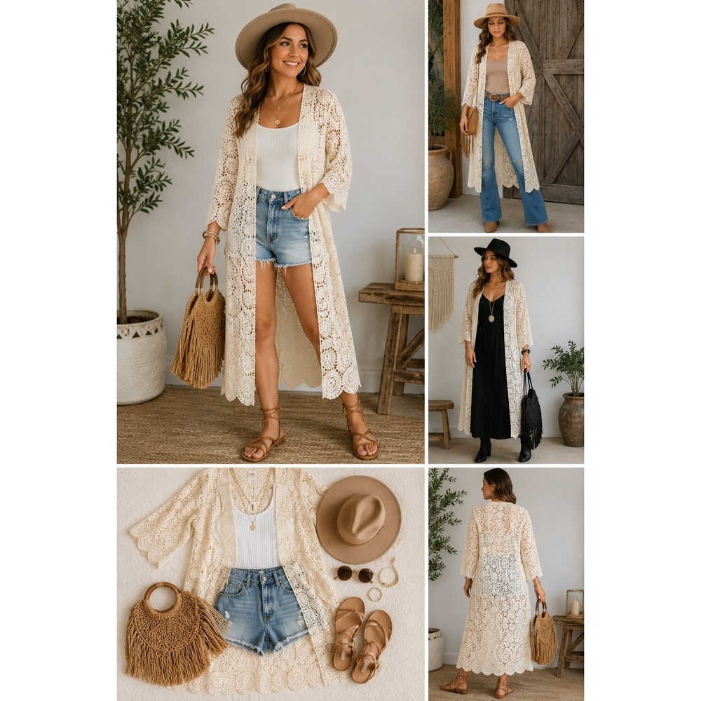 Miss Me Women's S Ivory Crochet Lace Long Duster Cardigan Cottagecore Etherreal
